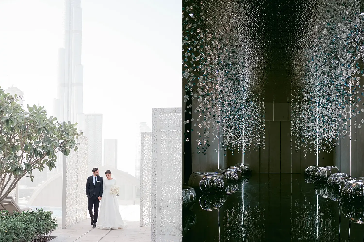 Two images of a luxury wedding in Dubai: the first depicts a bride and groom walking hand-in-hand amidst a serene, modern outdoor setting with intricate architectural details and the iconic Burj Khalifa in the background; the second showcases an opulent indoor venue adorned with cascading crystal-like decorations and reflective black flooring.